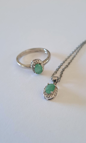 Set émeraude bague et pendentif argent 925 / or blanc T 54 + - 第 1/17 張圖片