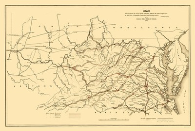 Railroad Map - Tide Water Virginia Ohio River Proposed - Vaisz 1852 - Vintage