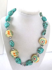 Artisan Boho 19" Necklace Howlite Turquoise-colored Nuggets Crystal-Covered Orbs
