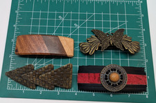 LOT OF 4 Handcrafted Barrettes Hair Clips Wood Brass Fabric Accessories