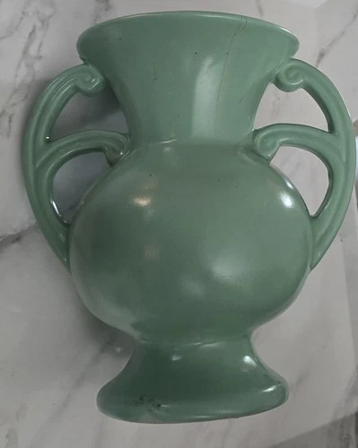 Vintage Niloak Pottery Sea Green  Double Handle Vase 6 3/4" Tall