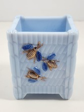 Antique EAPG blue milk glass bees on basket toothpick holder READ