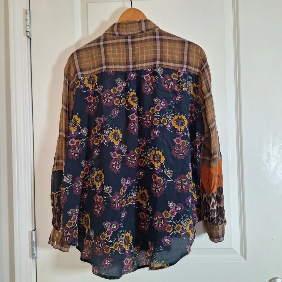 JOHNNY WAS Workshop 格子混合花卉豹纹纽扣衬衫 M 码 — 第 2/4 张图片