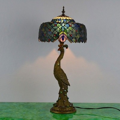 Tiffany Style Peacock Bedroom Lamp Table Lamp LED Stained Glass Shade Desk Lamps