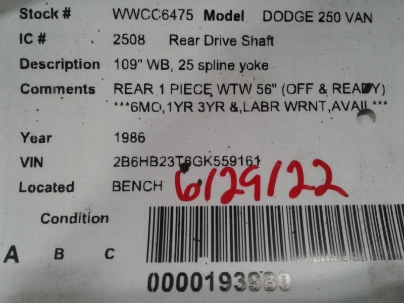 Rear Drive Shaft 109" Wb 25 Spline Yoke Fits 81-86 DODGE 150 VAN 1580906 Foto 4 de 4