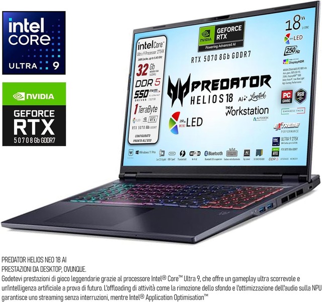 Acer Predator Helios 18Ai Ultra9 275X SSD 1 TB RAM 32GB DDR5 RTX 5070  18" 250Hz