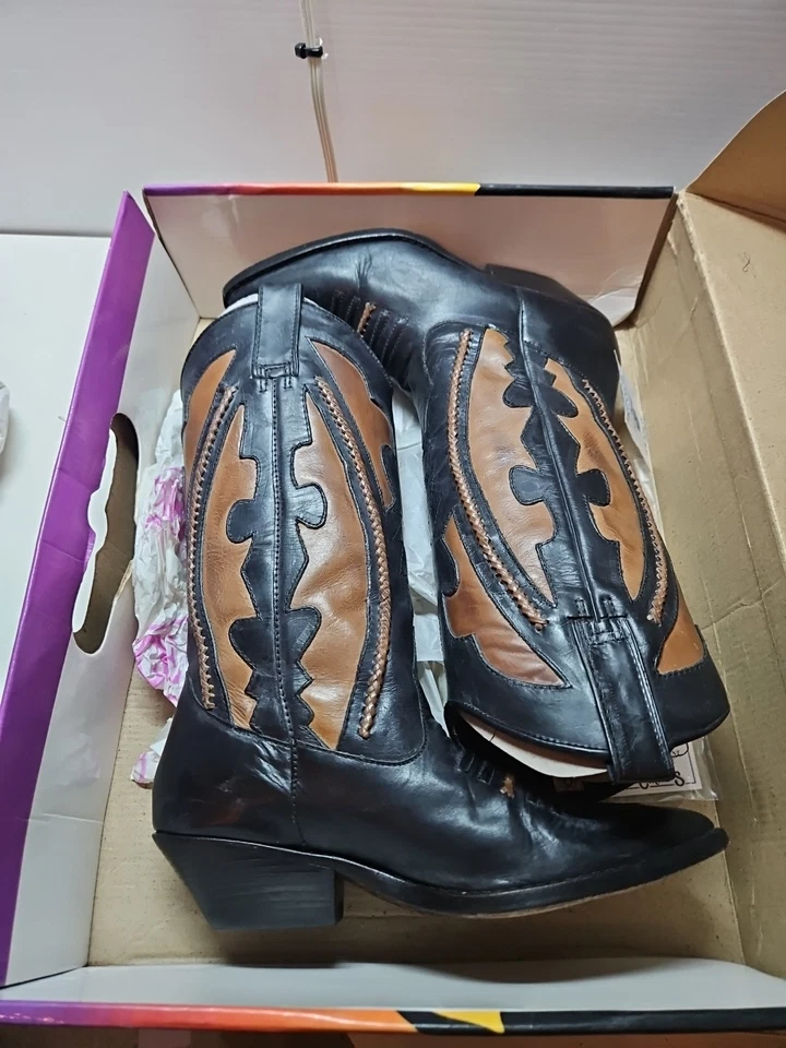 Circle S Botas Vaqueras Mujer 7.5 Hechas a Mano En Brasil Negro Marrón Corte Trenza De Colección Foto 2 de 4