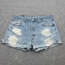 VTG Levis 501 Shorts Womens 28 Light Blue Cut Off Denim Distressed USA Made Boho