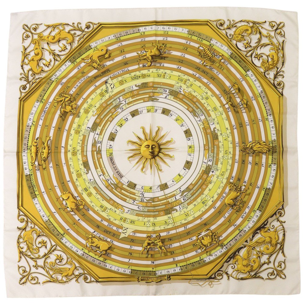 Hermes Carre 90 DIES ET HORE Astrology Silk Beige Scarf 0132 HERMES