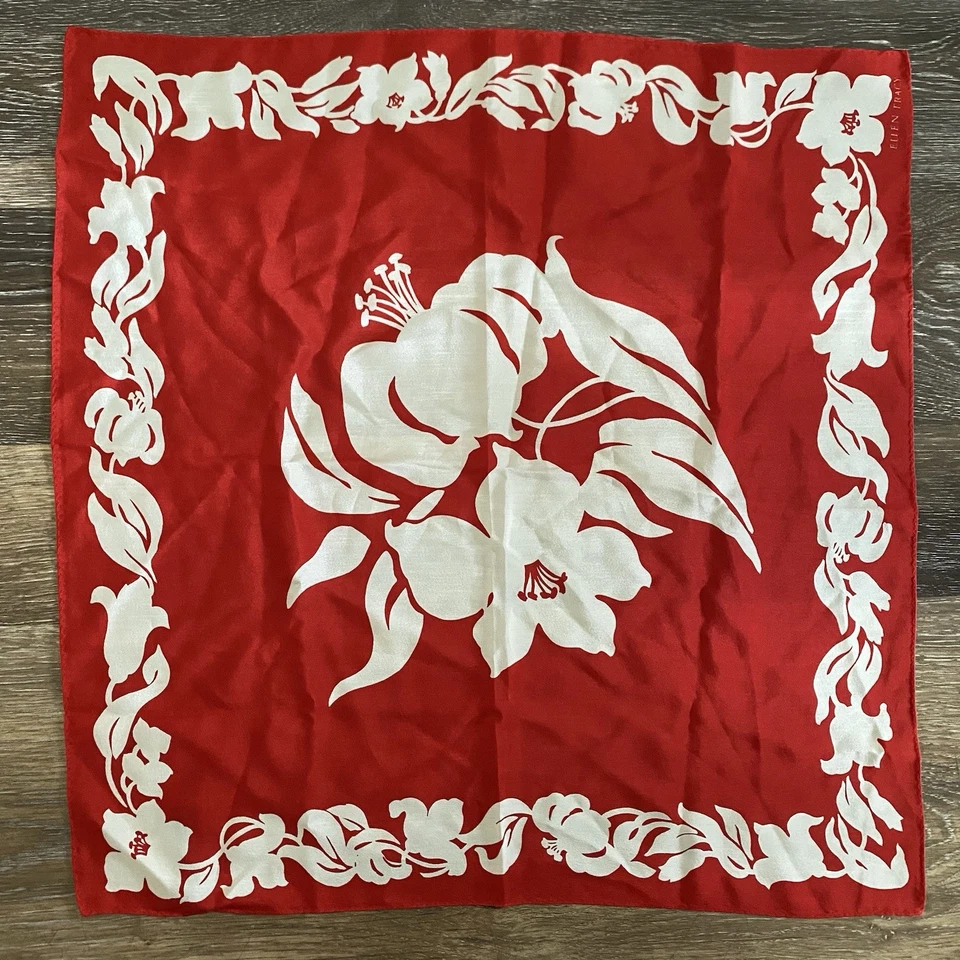 Ellen Tracy Bufanda de Seda Cuello Rojo Floral Corbata Cuadrada Jardín Oriental 20" Foto 3 de 4