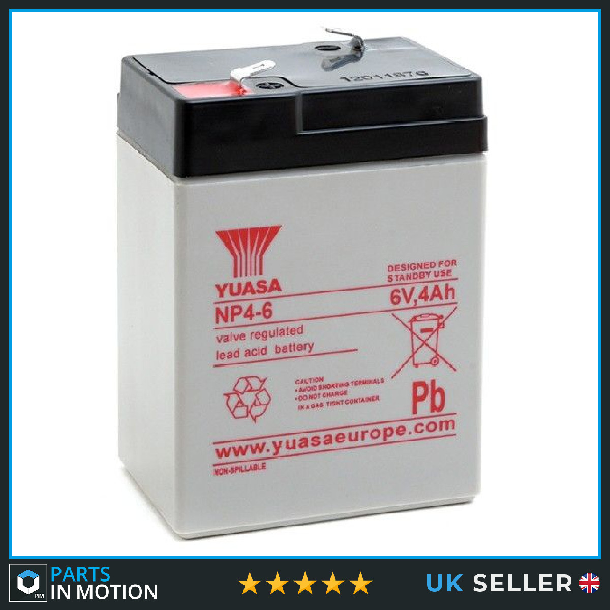Yuasa NP4-6 Valve Regulated Lead Acid (VRLA) Battery 6V 4Ah