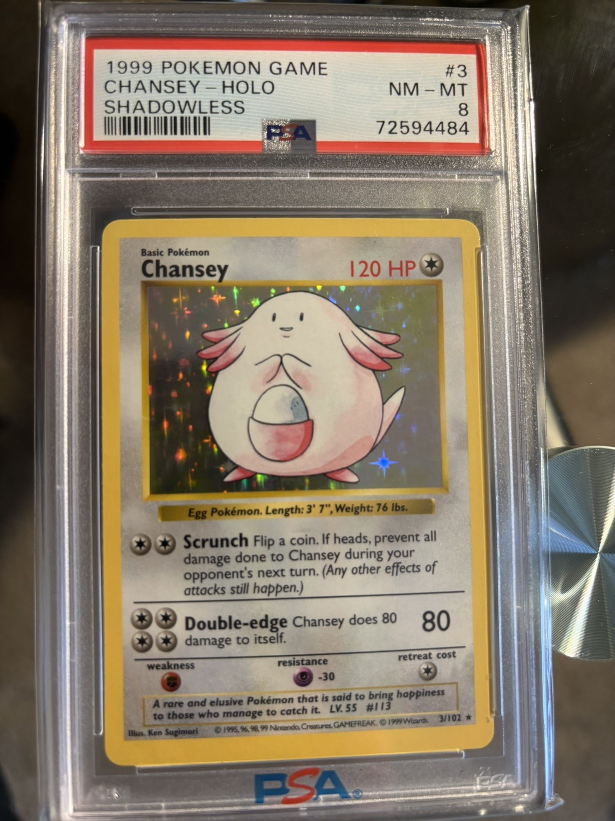 1999 Pokémon Chansey Shadowless Base Set Holo 3/102 PSA 8