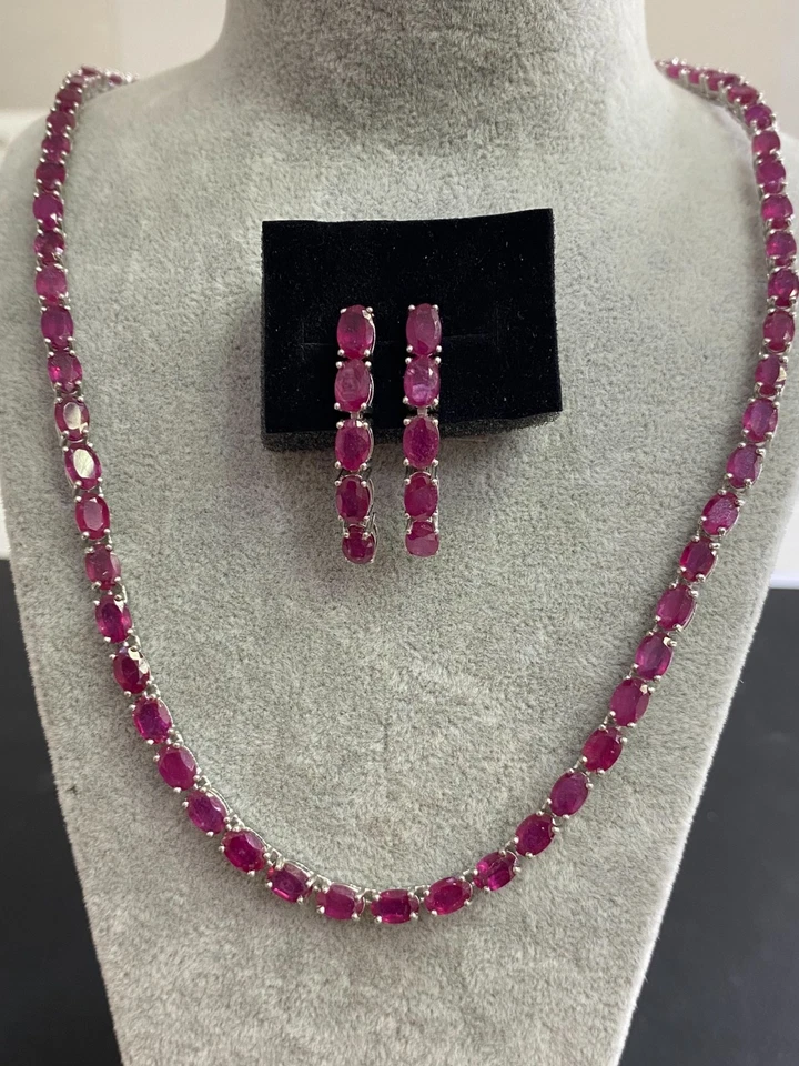 NATUR RUBIN 6X4 STERLINGSILBER 925 OHRRING HALSKETTE