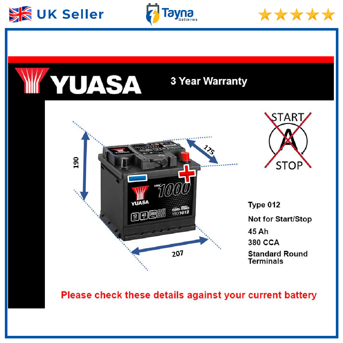 Battery fits FORD FUSION KUGA B-MAX FOCUS MONDEO PUMA TRANSIT C-MAX 012