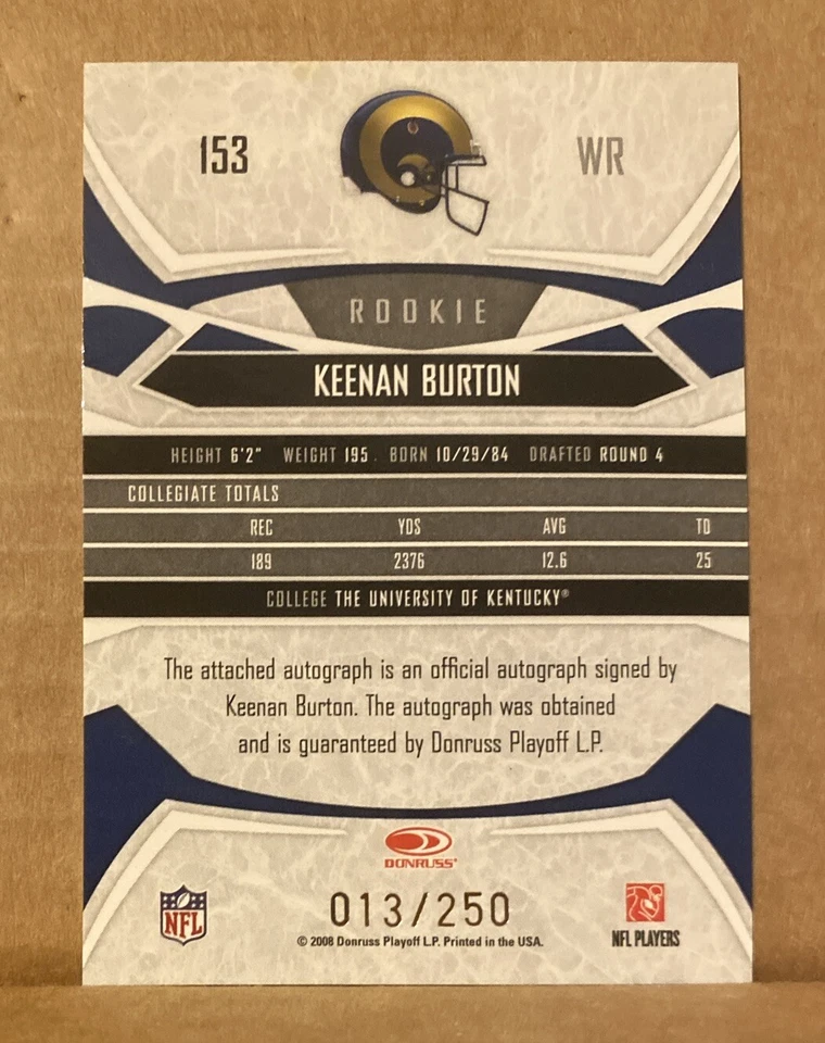 2008 Donruss Gridiron Gear Gold Signatures #153 Keenan Burton #13/250 RC AUTO - Image 2 of 2