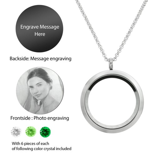 Personalized Photo & Message Engrave Floating Crystals Locket Pendant Necklace - Picture 46 of 54