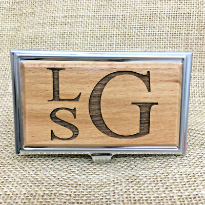 MONOGRAM PERSONIZED CUSTOM ENGRAVED WOOD TOP BUSINESS CARD HOLDER 