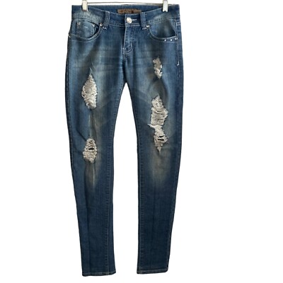 Give Me Five Jeans Womens 7 Embellished Ripped Distressed Blue Stretch