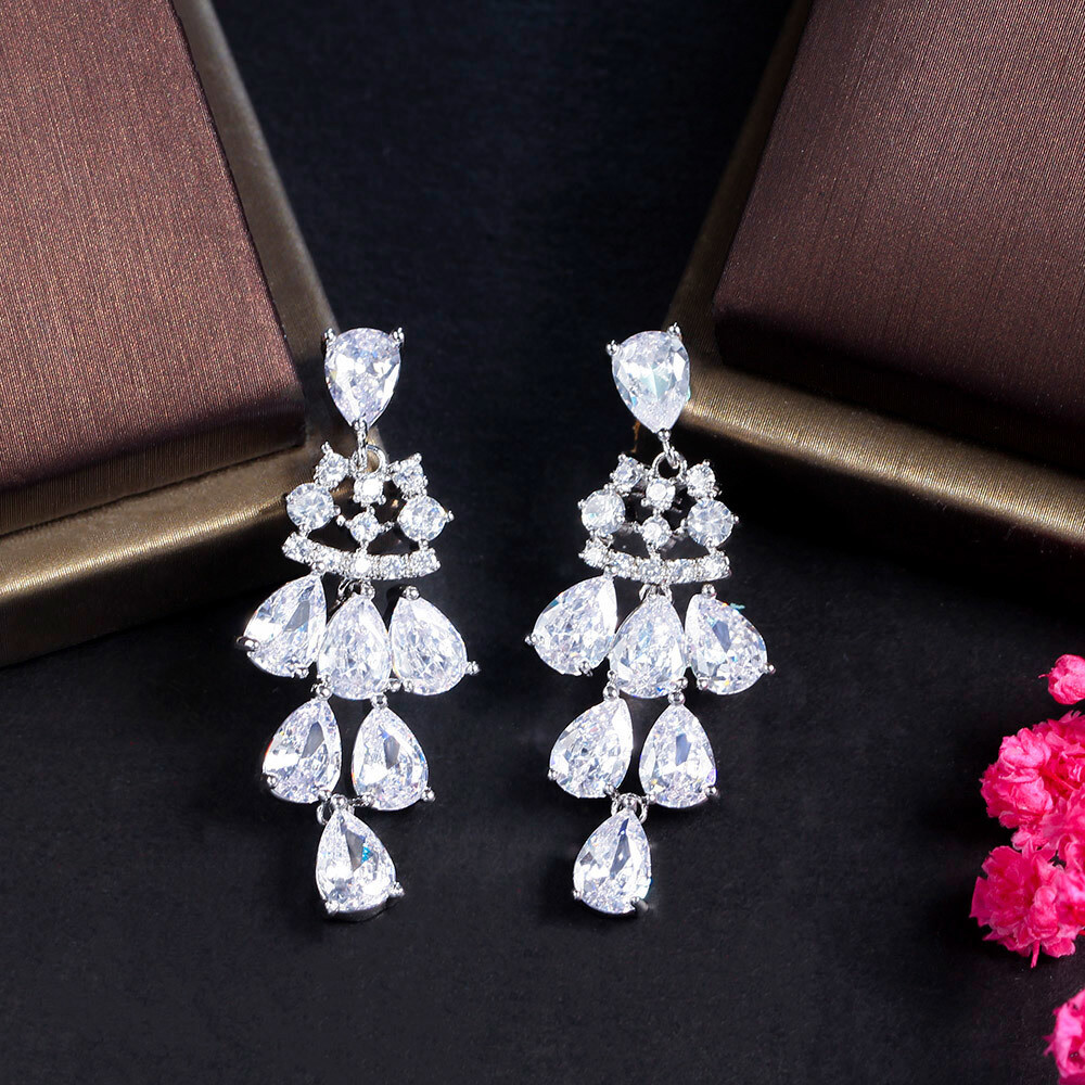 Cubic Zirconia Silver Plated Long Drop Dangling Party Earrings CZ Jewelry Gift