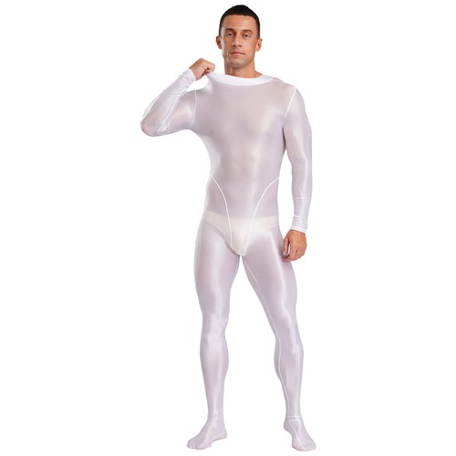 Mens Glossy Bodysuit Zip Back Suit Long Sleeve Leotards Footed Jumpsuit Bodysuit - Picture 14 of 68