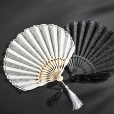 Lace Holding Hand Held Fan Tassel Fringe Round Retro Chinese Vintage Look