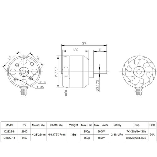 9imod D2822 Brushless Motor 1450KV For RC Aircraft Multi-copter Outrunner Motor - Picture 5 of 12
