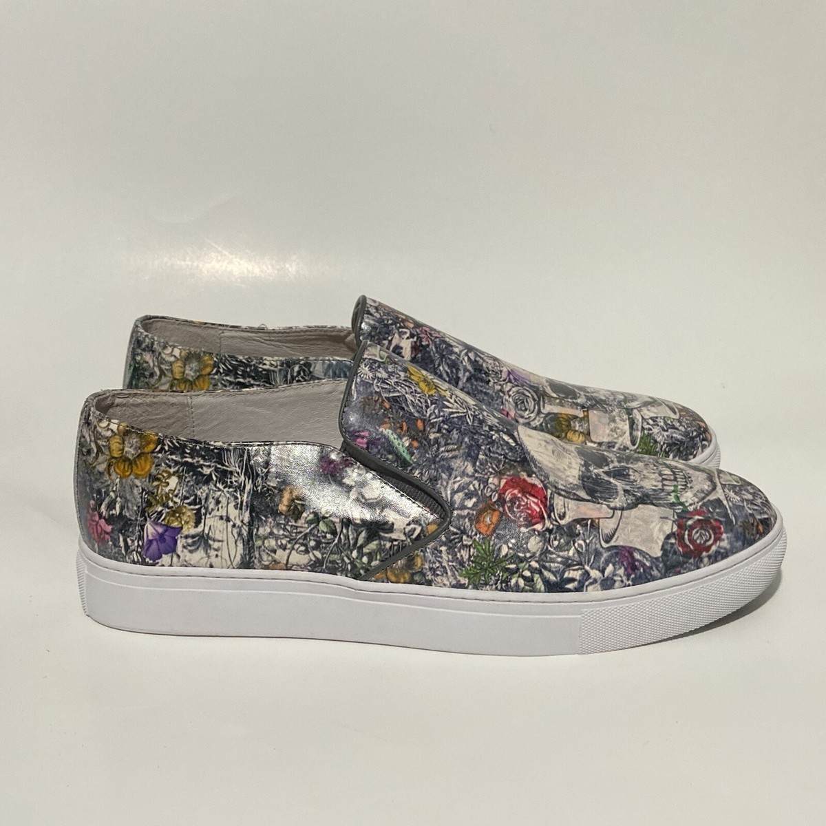 Robert Graham Monterey Shoes Sneakers Skulls Floral White Leather Mens 10.5 Robert Graham Slip On Sneakers Shoes Skull Floral White NEW  main image 3
