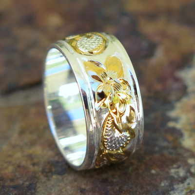 Hawaiian Jewelry Silver Gold Queen Scroll Flower Wedding Ring Band