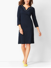 Talbots Dress L Large Blue Cream Trim Cotton 3/4 Long Sleeve Career Church