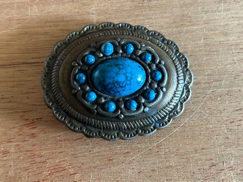 Belt Buckle Faux Turquoise Brass Tone Southwestern Concho Style Western Vtg - Picture 18 of 21