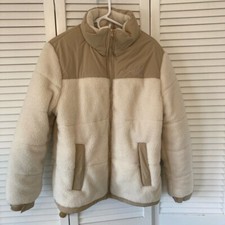 Women's North Face Lined Cream and Tan Fleece Jacket Zip Outer Pockets Hood XL