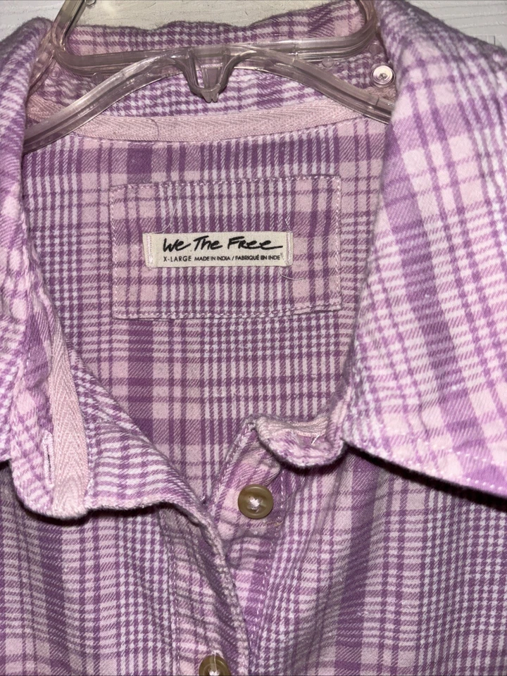 We The Free People XL Pink Plaid Shacket Sun City Puff Sleeve Cropped Tie Cuffs - Imagem 2 de 4