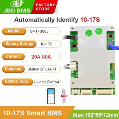 JBD 10S-17S 36V-60V 20A-80A Li-Ion Smart Bluetooth Schutz Board BMS Same Port