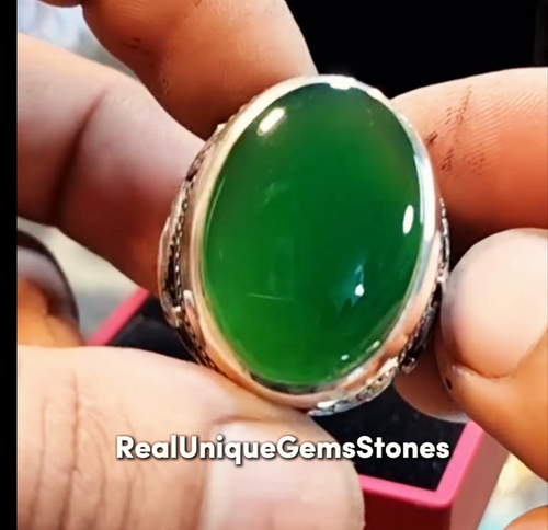 Beautiful Green Yemeni Aqeeq Agate Men Ring Green Agate Ring 925 Sterling Silver - Picture 5 of 10
