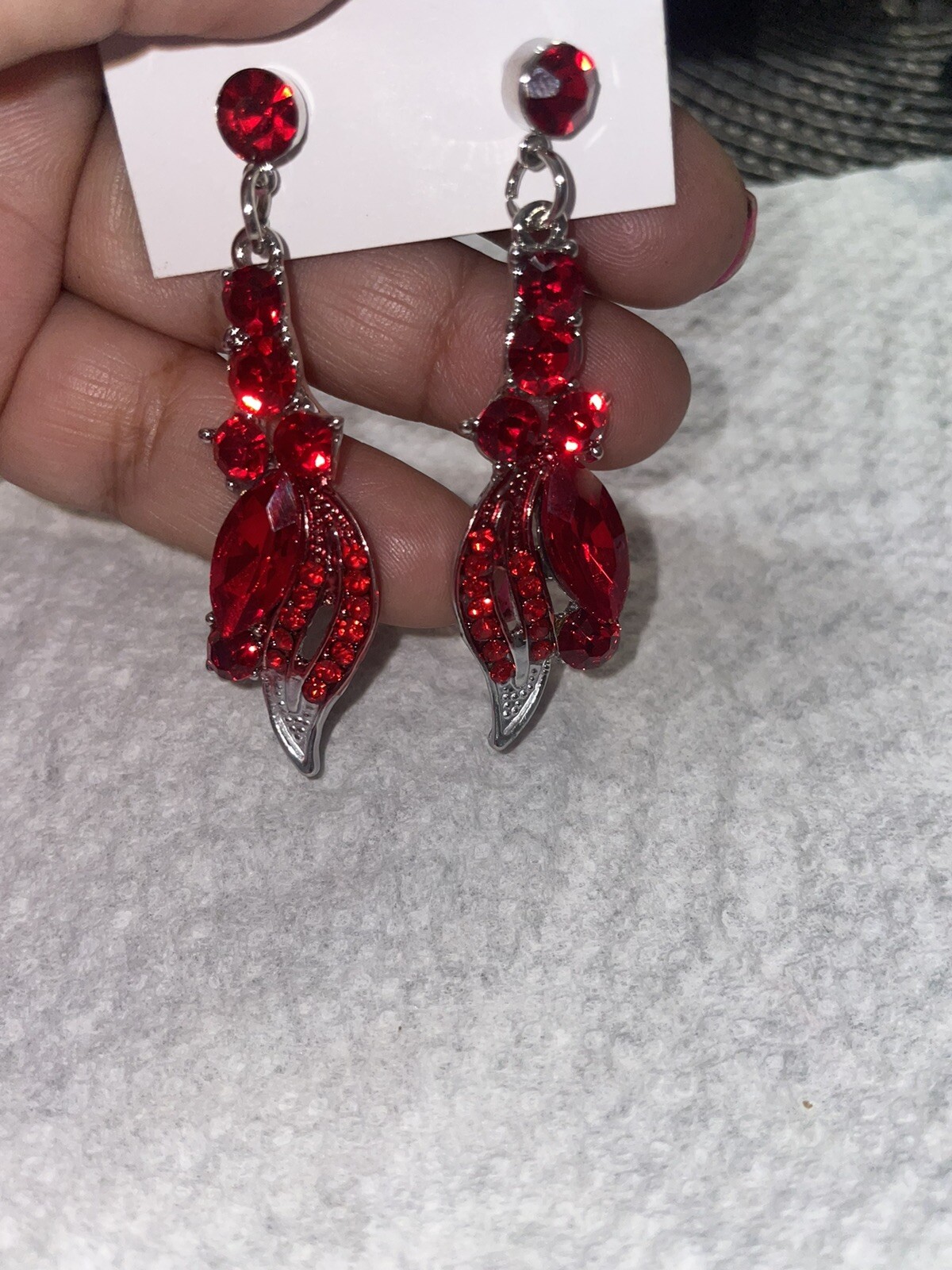 Earrings, Silver Tone Red, Rhinestone Dangle Earr… - image 6