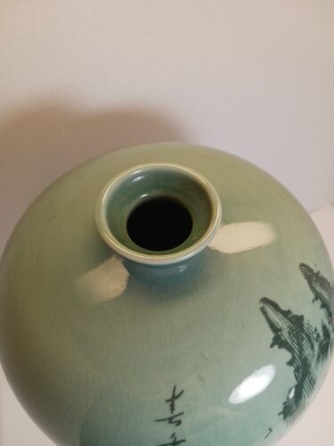 Koreanische Seladon Vase Crackle Glasur 14" Blumengarten, grün, rot, signiert - Bild 11 von 13