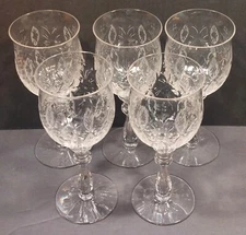 5 Cut Rock Crystal Gray Engraved Glass Water Goblets Unknown Maker UNK19146