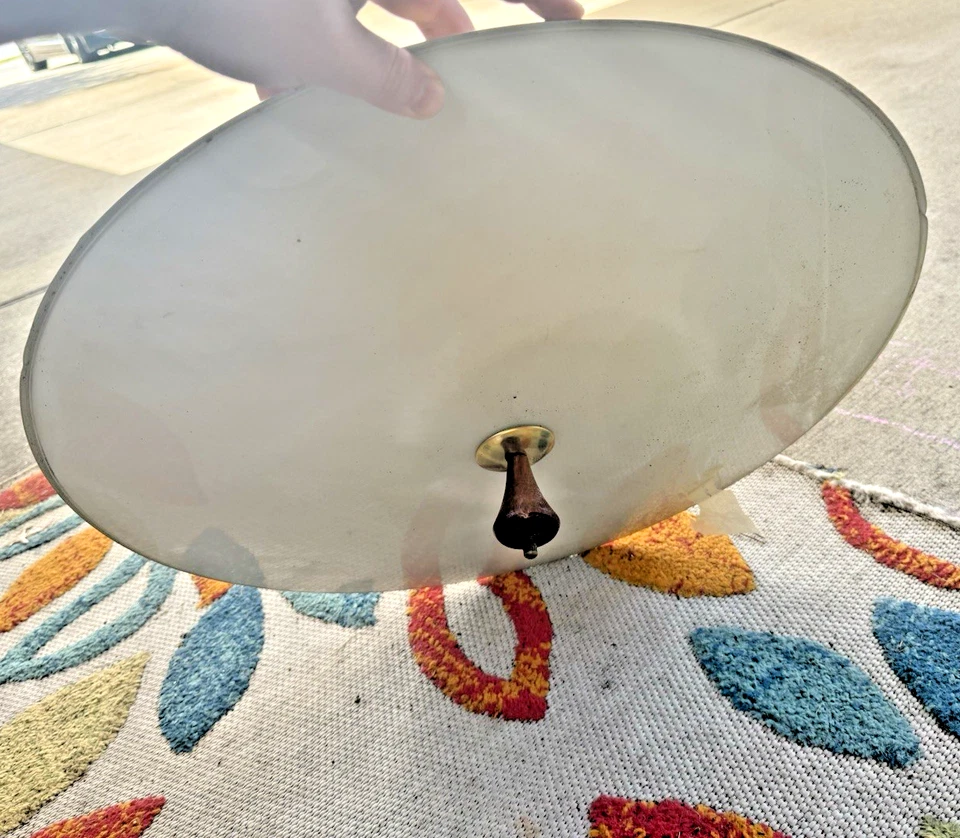 Mid-Century Retractable Saucer Brass Lamp w/ Frosted Glass | Vintage 1950s - Image 4 of 4