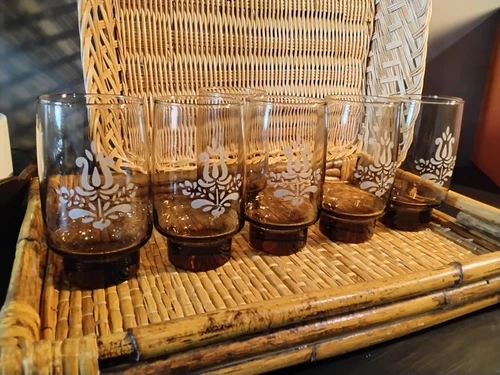 Set Of 5 Vintage Pfaltzgraff Village  Smoked Brown Etched Water Tumblers 