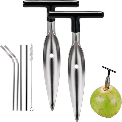 2 Pack Coconut Opener Tool Set with 4 Reusable Straws & Brush, Food Grade Stainl