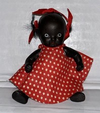 VTG African American 3.75" Bisque Ceramic Jointed Doll w/ Pigtails Dotted Dress