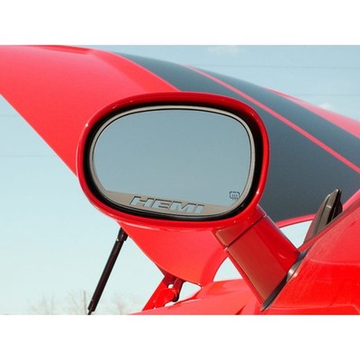 Brushed Stainless Side View Mirror Trim w/'HEMI' for 2008-2019 Dodge Challenger