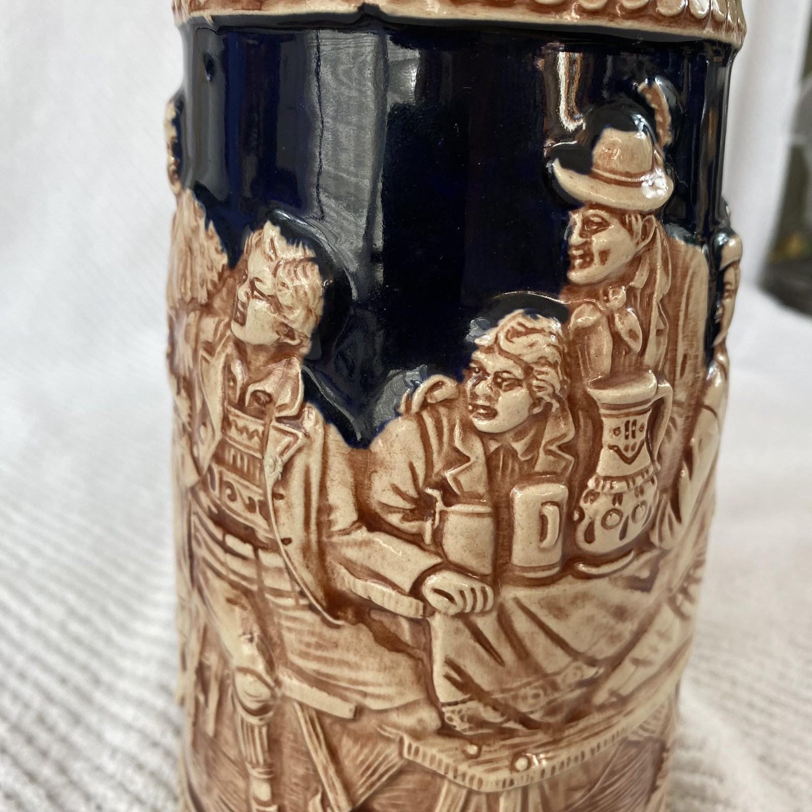 Vintage Gerz Germany Lidded Beer Stein Pewter Lid Tavern Scene Relief Ceramic