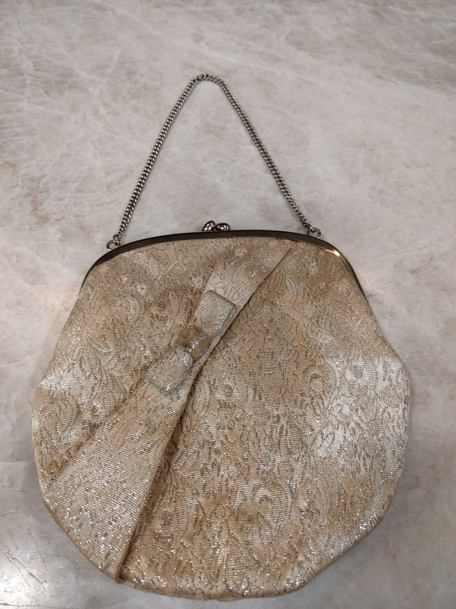 1940s Vintage Evening Bag Fabric Small Gold Formal Purse Kiss Lock Metal  Chain