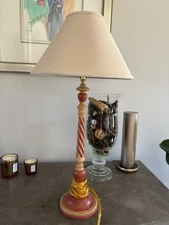 PIERRE DEUX French Country Wooden Candlestick Lamp & Beige Mini Check Shade Rare