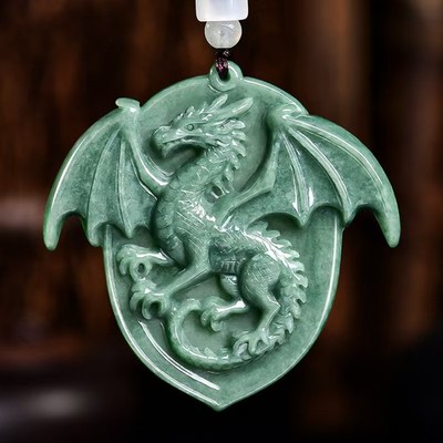 Real Natural Grade A Green Jadeite Jade Winged Dragon Pendant Amulet Necklace