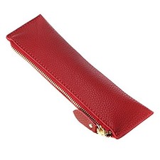 Genuine Leather Pencil Case - Zippered Pen Case Stationery Bag Zipper Red