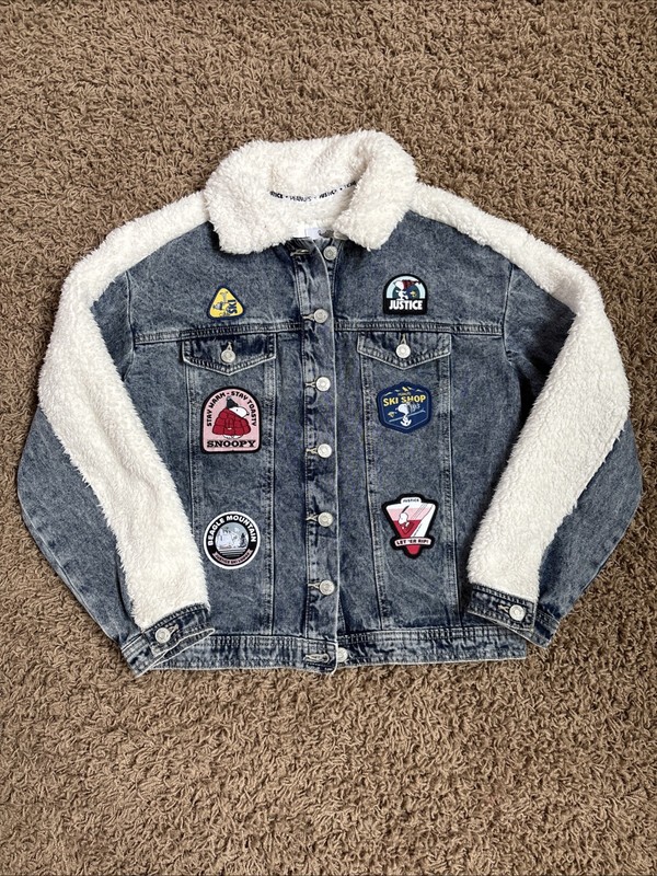 Justice Peanuts Girls Snoopy Patch Denim Faux Fur Jacket