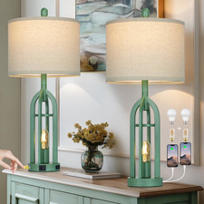 27" Tall Vintage Table Lamp Set of 2 with USB C A  Outlet,Farmhouse Green Table