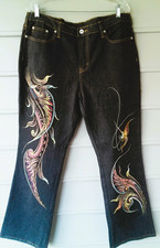 Diane Gilman DG2 Jeans Embellished Rhinestone Beads Painted Butterfly Size 16 WP